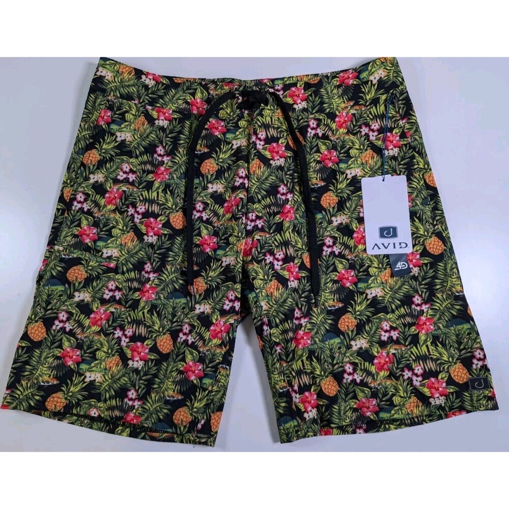 NWT Avid Boardshorts Mens 34 Black Al Over Pineapple Fish Floral Hawaiian Trunks